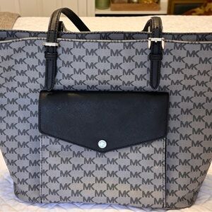 Michael Kors Gray and Black MK Monogram Tote with Front Flap Pocket